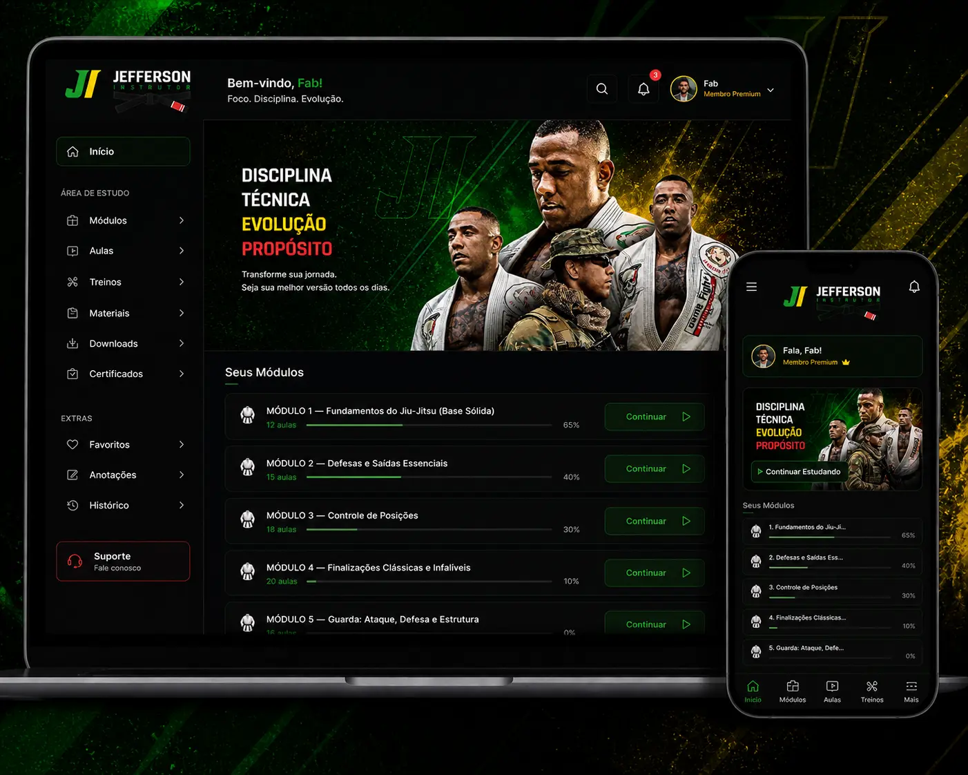 Painel de Membros Jefferson Instrutor — desktop e mobile