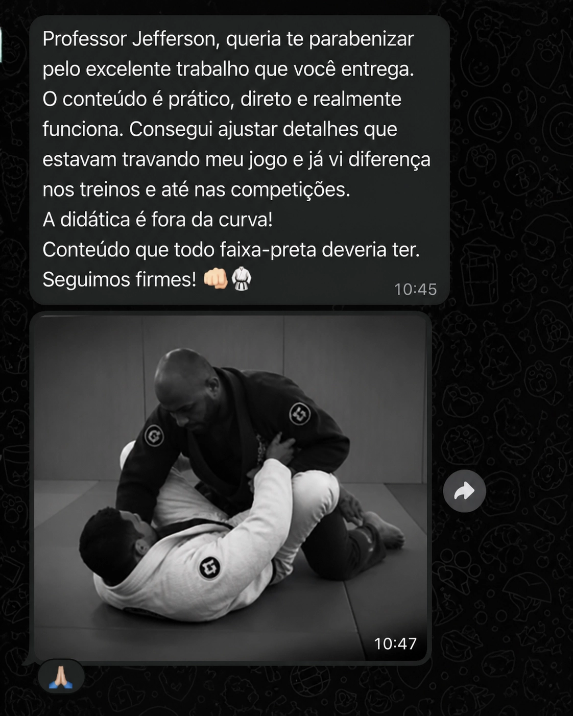 Depoimento de aluno — conteudo pratico que funciona, melhorou nos treinos e competicoes