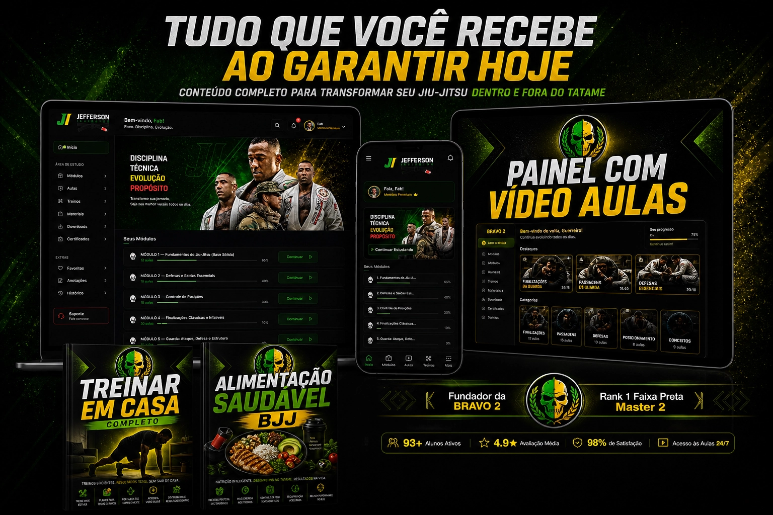 Tudo que você recebe ao garantir hoje — plataforma desktop, tablet, mobile e e-books bônus